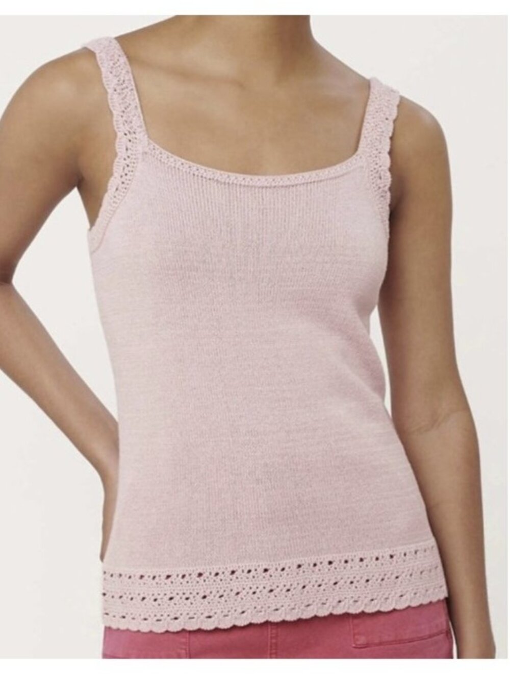 LOFT Crochet Lace Trim Boho Stretchy Sweater Light Pink Cotton Tank Top XS